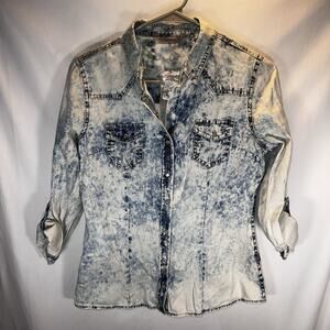 Highway Jeans Women’s Acid Wash Denim Snap Button Shirt Medium Blue Long Sleeve